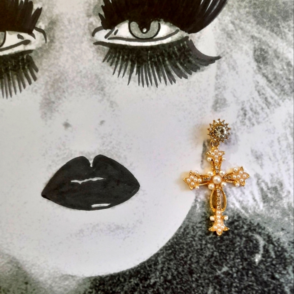 Betsey Johnson Cross Faux Pearl Rhinestone Earrings